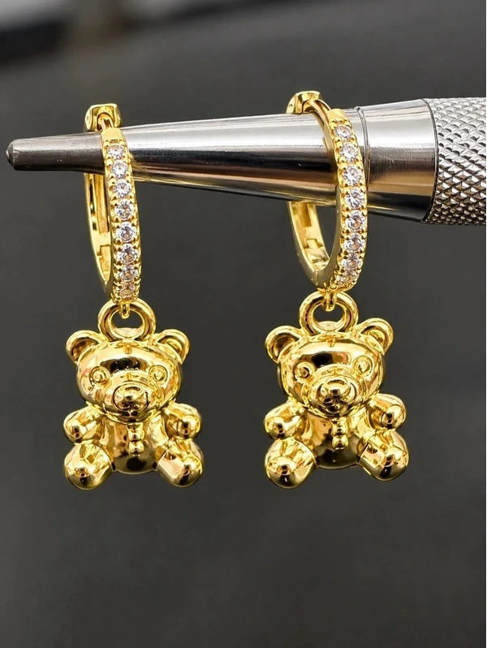 14 K over Brass  Teddy Bear Huggie Drop Earrings